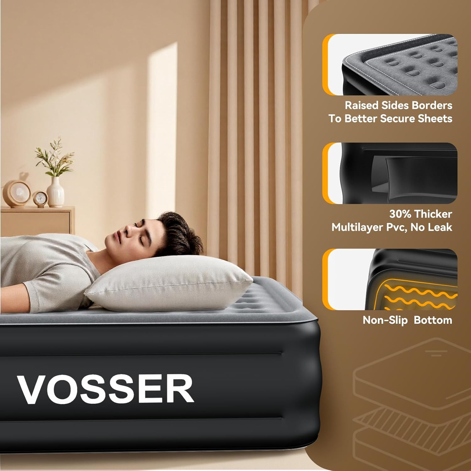 Air Mattress Twin with Built in Pump,18” Raised Blow Up Mattress,Inflatable Mattress in 2 Mins,Single Twin Size Air Mattress for Home,Floor&Camping, Air Bed for Adults,330LB Max,Black