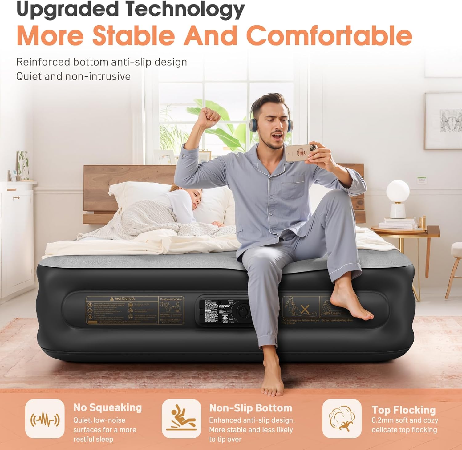 Twin Air Mattress with Built in Pump,Inflatable Mattress 2 Mins Self-Inflation/Deflation,Thicker Blow up Mattress Leak-Proof,Flocked Top Air Bed with Storage Bag for Home, Camping & Guests