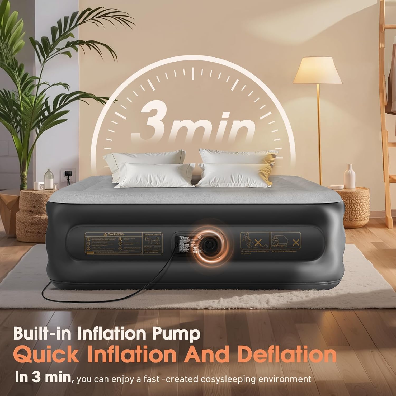 Twin Air Mattress with Built in Pump,Inflatable Mattress 2 Mins Self-Inflation/Deflation,Thicker Blow up Mattress Leak-Proof,Flocked Top Air Bed with Storage Bag for Home, Camping & Guests