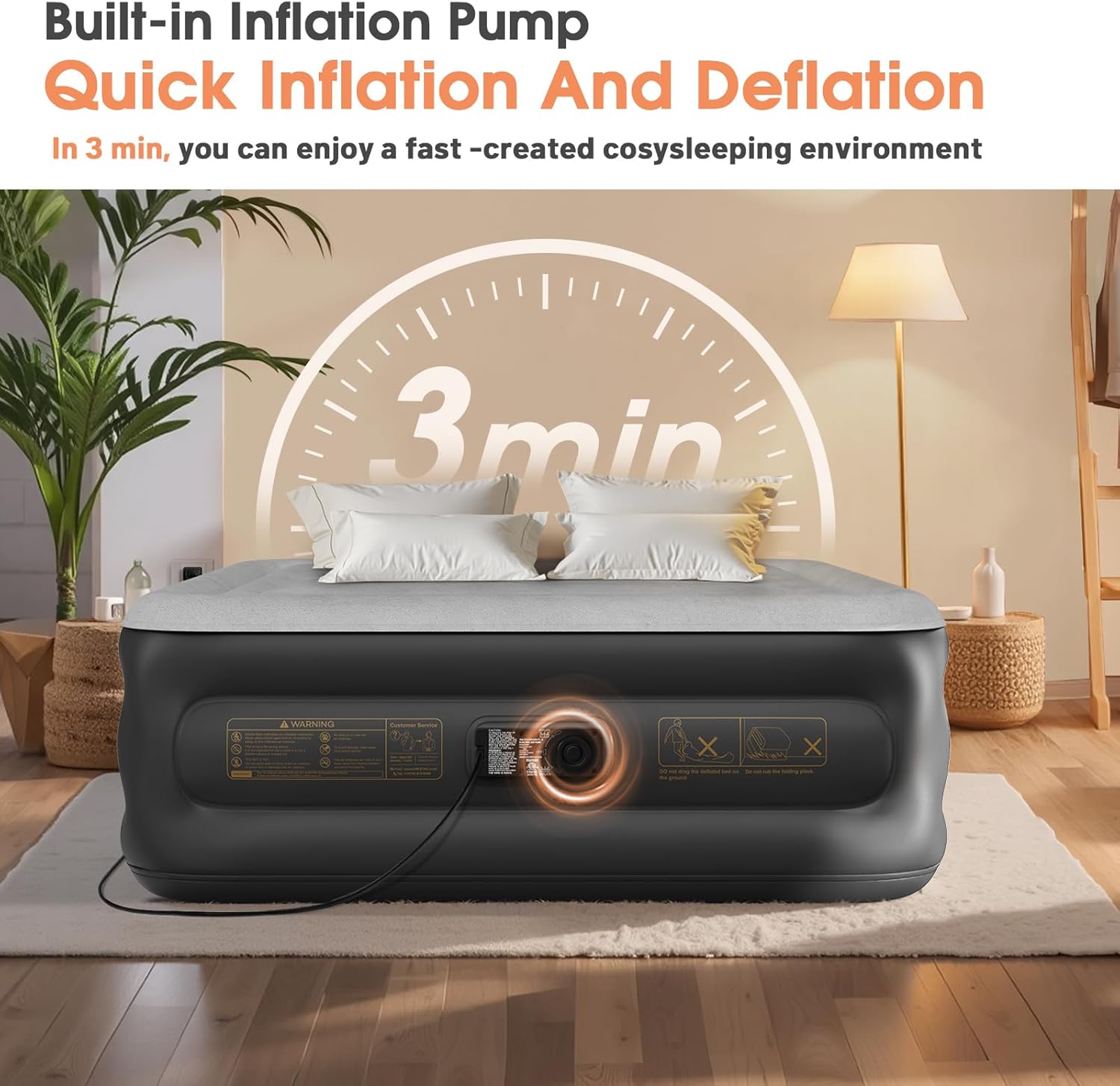 Twin Air Mattress with Built in Pump,Inflatable Mattress 2 Mins Self-Inflation/Deflation,Thicker Blow up Mattress Leak-Proof,Flocked Top Air Bed with Storage Bag for Home, Camping & Guests