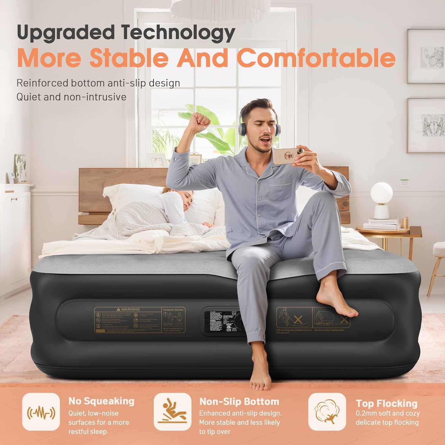 Twin Air Mattress with Built in Pump,Inflatable Mattress 2 Mins Self-Inflation/Deflation,Thicker Blow up Mattress Leak-Proof,Flocked Top Air Bed with Storage Bag for Home, Camping & Guests