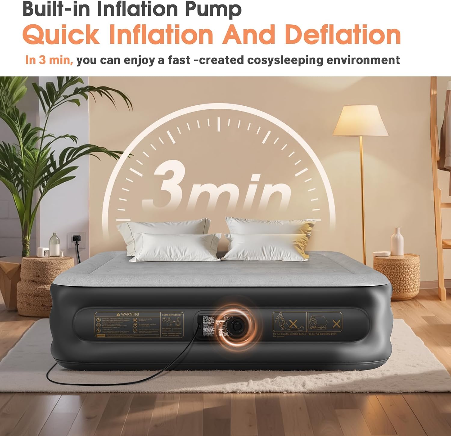 Twin Air Mattress with Built in Pump,Inflatable Mattress 2 Mins Self-Inflation/Deflation,Thicker Blow up Mattress Leak-Proof,Flocked Top Air Bed with Storage Bag for Home, Camping & Guests