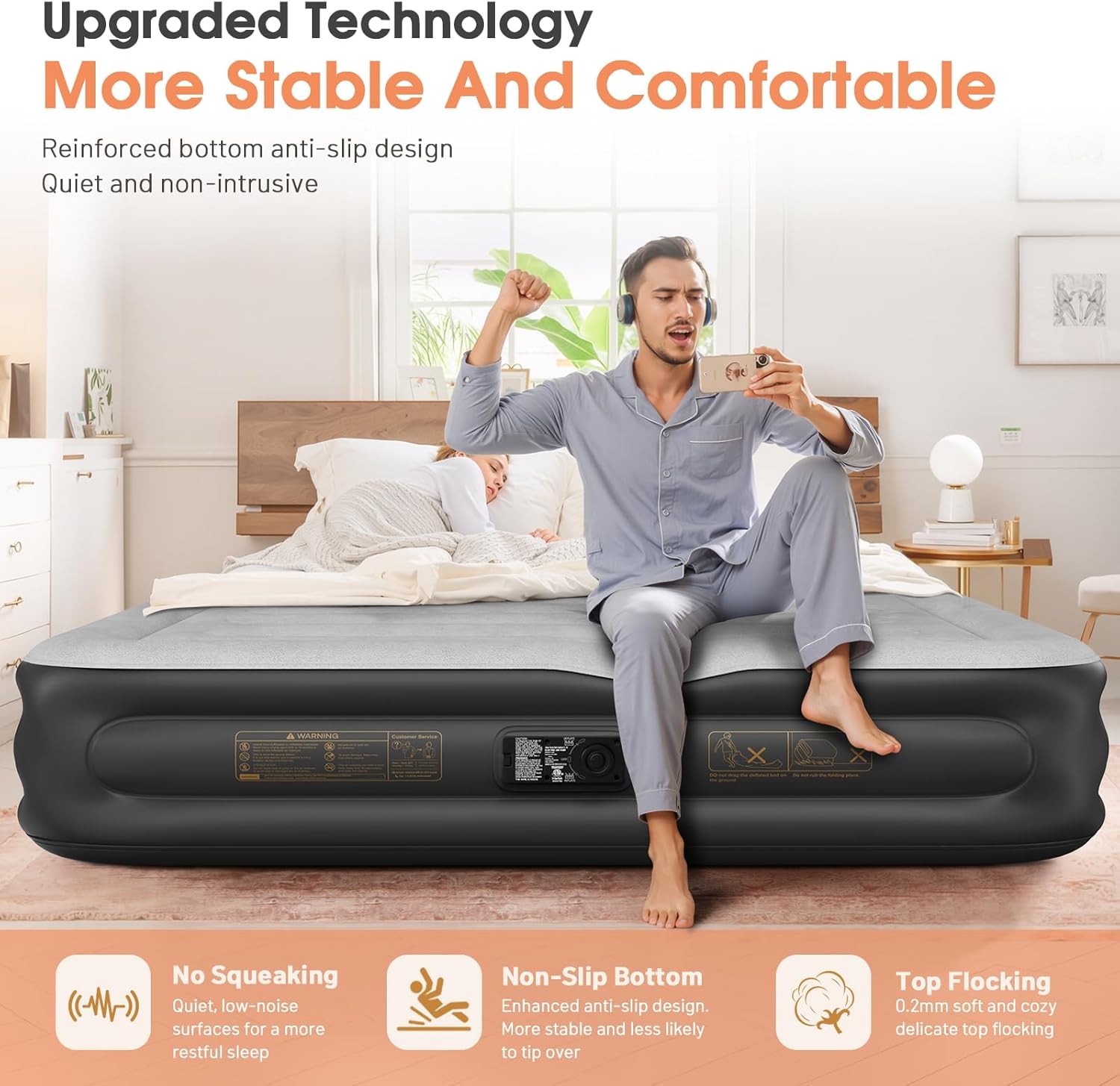 Twin Air Mattress with Built in Pump,Inflatable Mattress 2 Mins Self-Inflation/Deflation,Thicker Blow up Mattress Leak-Proof,Flocked Top Air Bed with Storage Bag for Home, Camping & Guests
