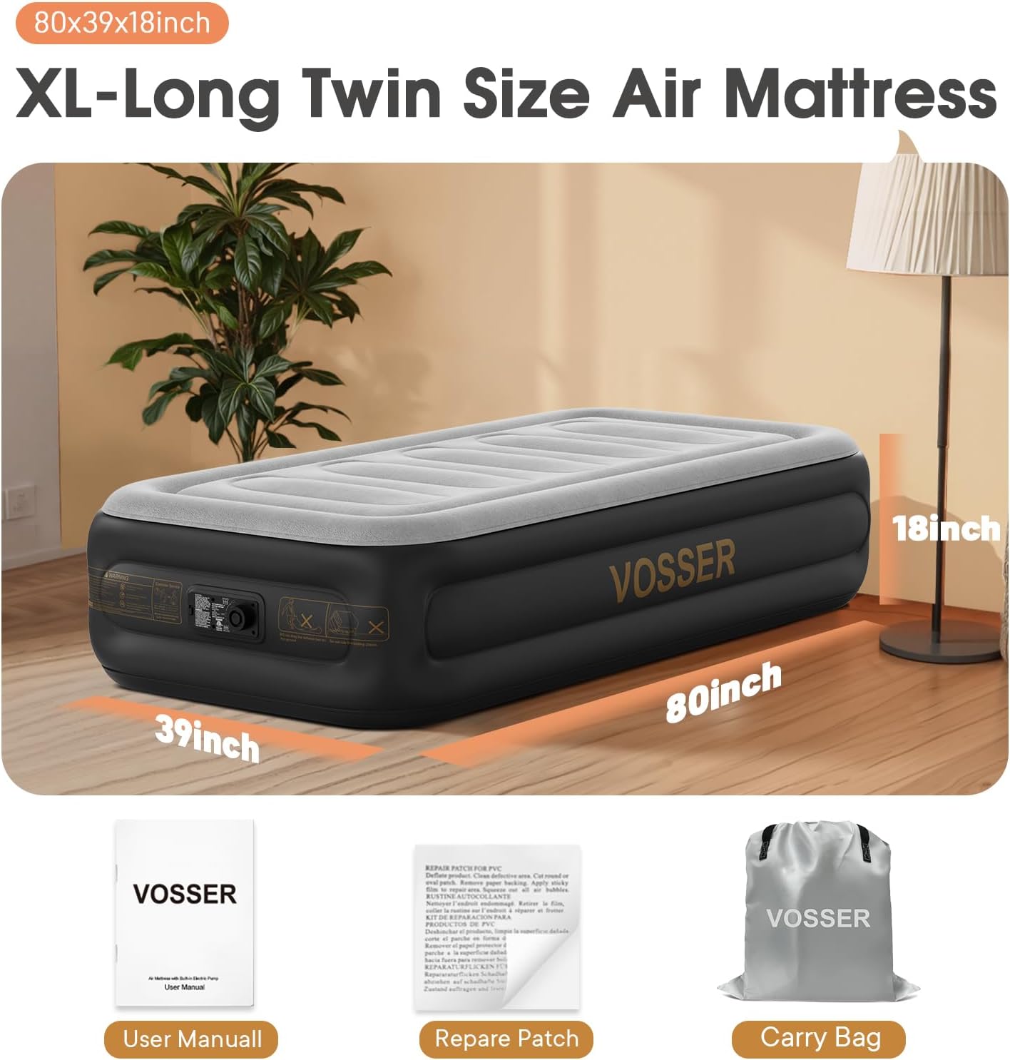 Twin Air Mattress with Built in Pump,Inflatable Mattress 2 Mins Self-Inflation/Deflation,Thicker Blow up Mattress Leak-Proof,Flocked Top Air Bed with Storage Bag for Home, Camping & Guests