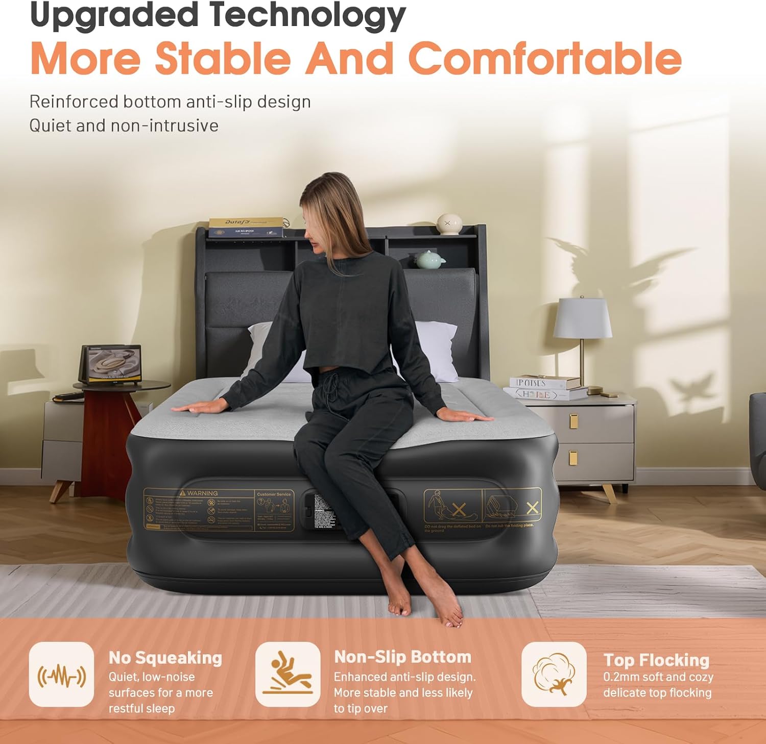 Twin Air Mattress with Built in Pump,Inflatable Mattress 2 Mins Self-Inflation/Deflation,Thicker Blow up Mattress Leak-Proof,Flocked Top Air Bed with Storage Bag for Home, Camping & Guests