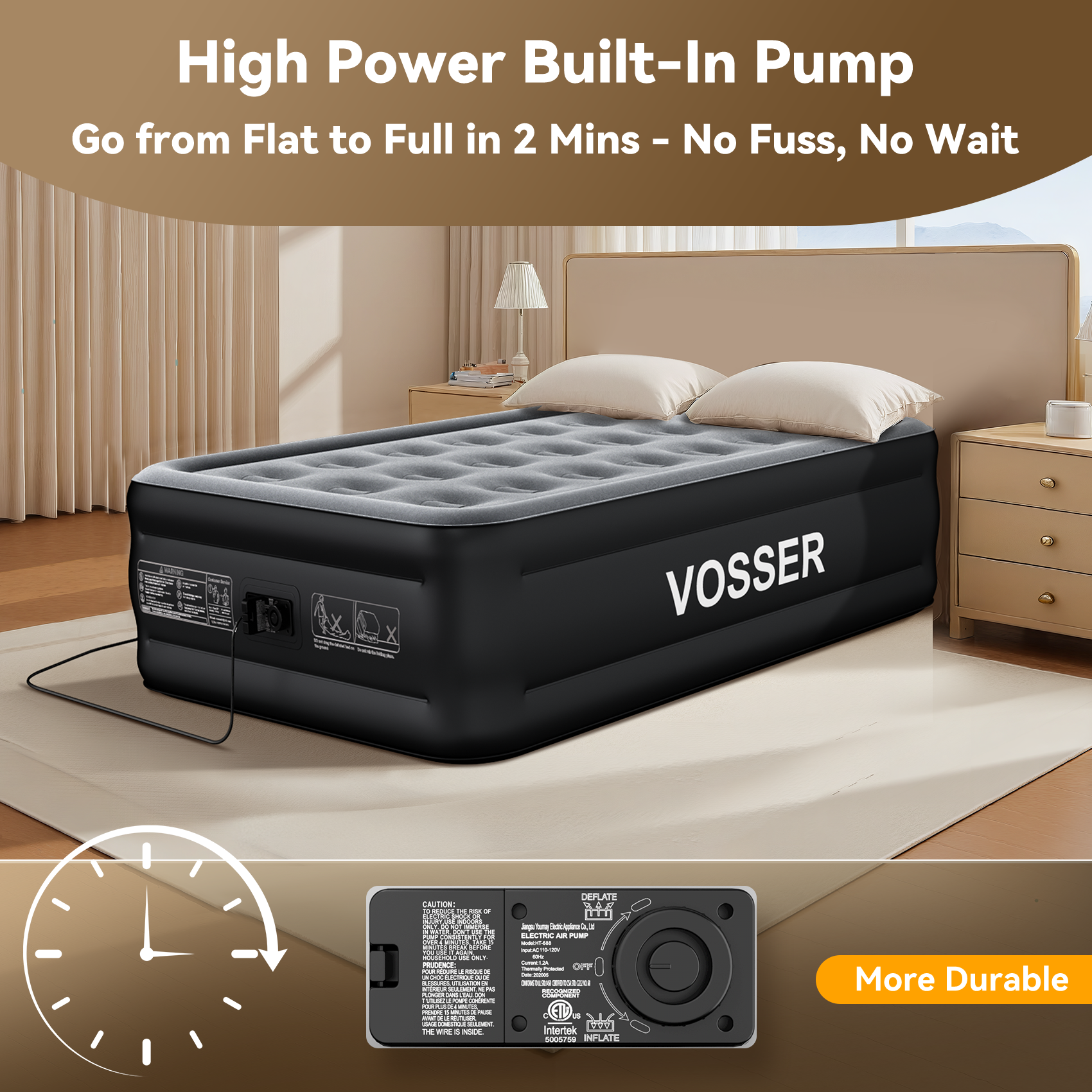 Air Mattress Twin with Built in Pump,18” Raised Blow Up Mattress,Inflatable Mattress in 2 Mins,Single Twin Size Air Mattress for Home,Floor&Camping, Air Bed for Adults,330LB Max,Black
