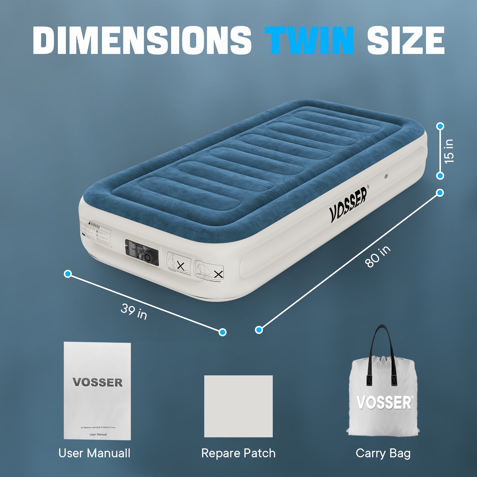 VOSSER Twin Air Mattress with Built-in Pump,Fast & Easy Inflation/Deflation Inflatable Mattress, Foldable Blow Up Mattress with Storage Bag, Inflatable Bed for Home, Camping & Guests