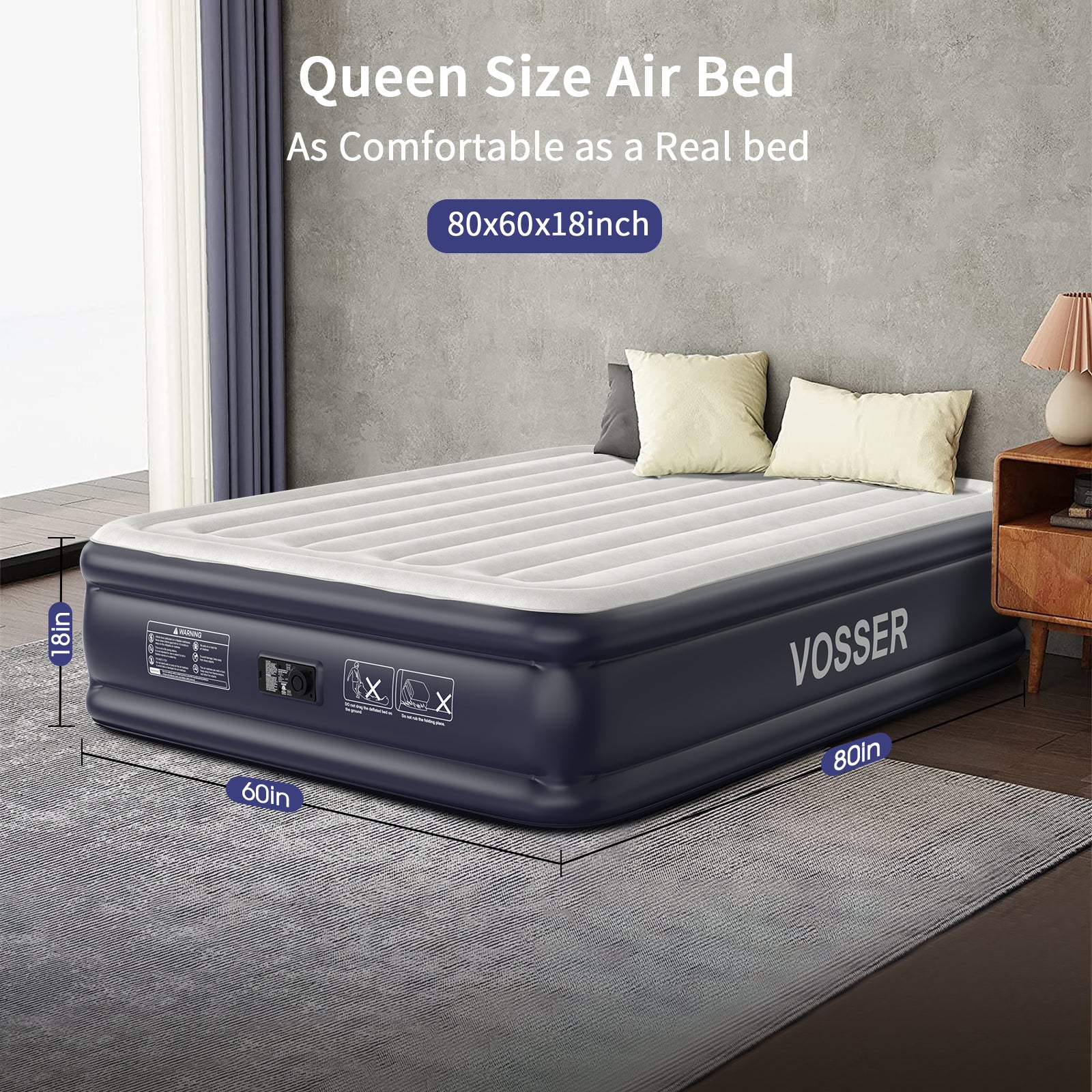 VOSSER Air Mattress with Built in Pump Raised,18''Inflatable Mattress of Upgraded Vertical Beams,Self Inflatable Blow Up Mattress in 3 Mins,Flocked Top Airbed with Carry Bag for Home,Camping