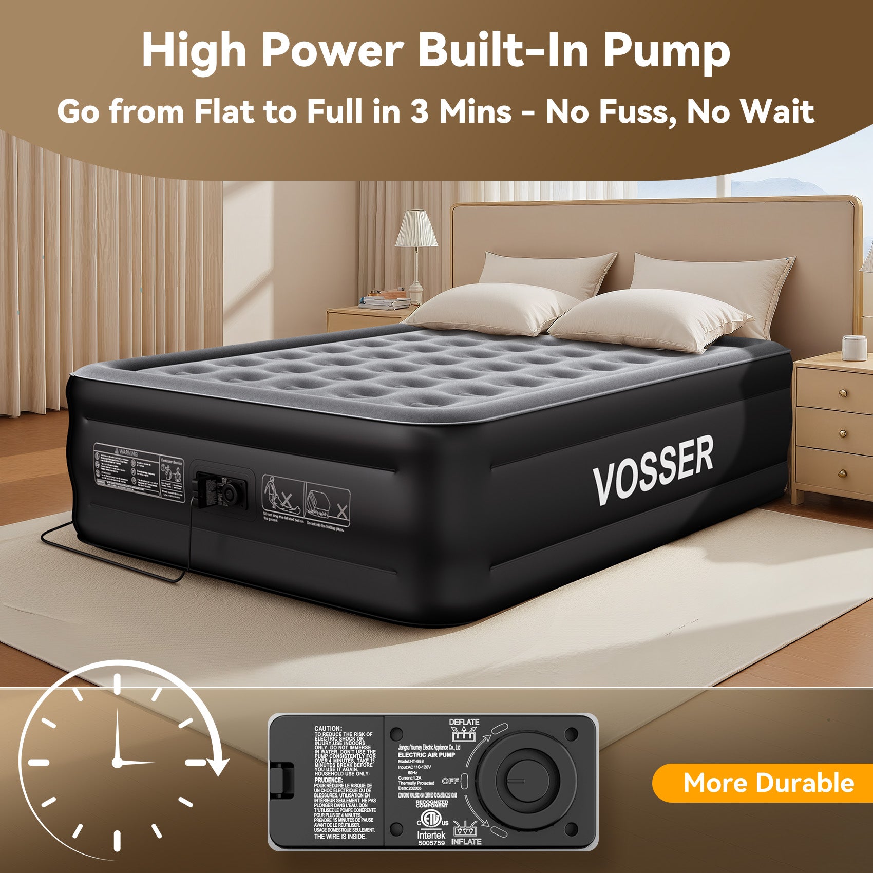 Air Mattress Queen with Built in Pump,Blow Up Mattress in 3 Mins,18'' Raised Self Inflatable Mattress,Portable Airbed for Home,Floor&Camping,Queen Size Air Matress for Adults,660LB Max,Black
