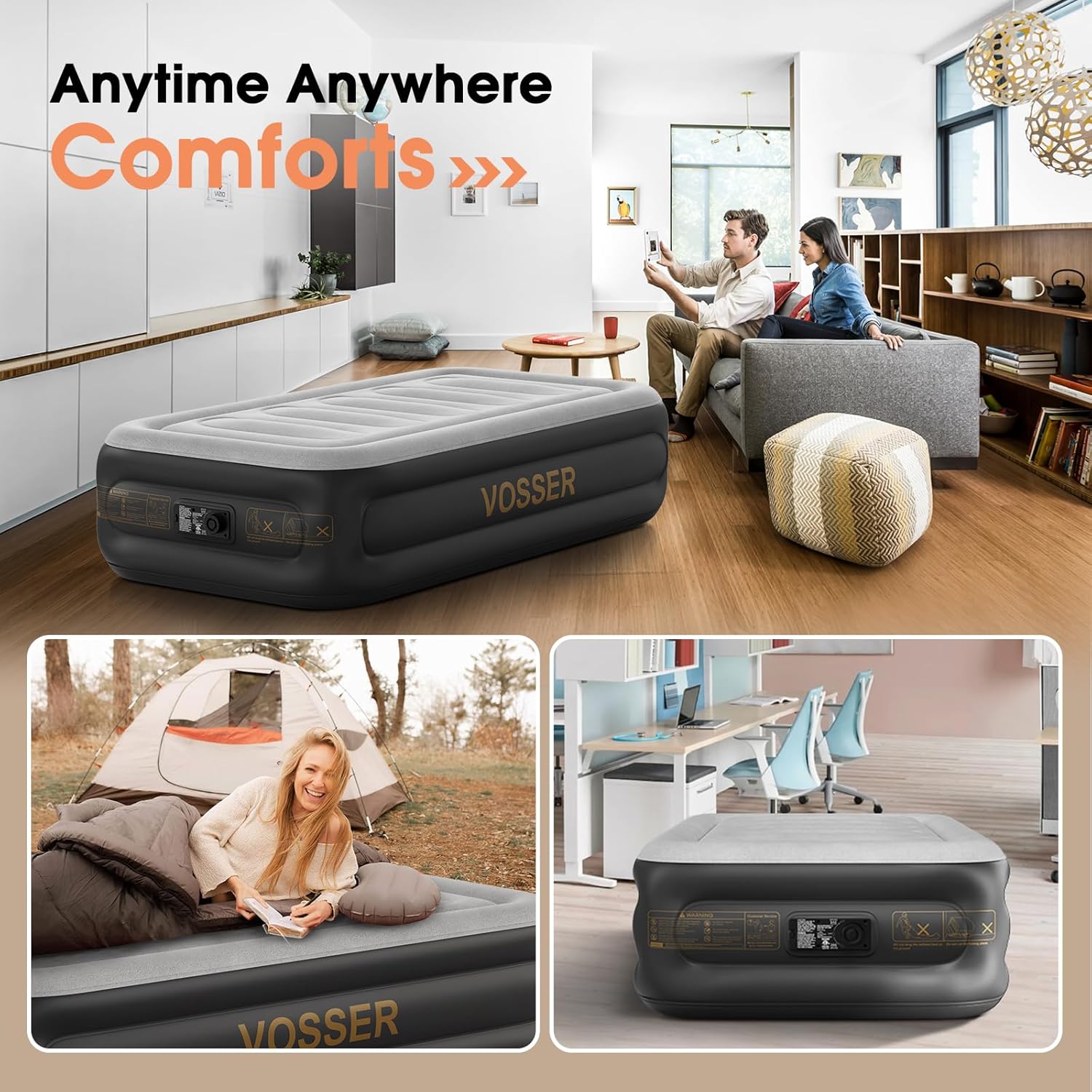 Twin Air Mattress with Built in Pump,Inflatable Mattress 2 Mins Self-Inflation/Deflation,Thicker Blow up Mattress Leak-Proof,Flocked Top Air Bed with Storage Bag for Home, Camping & Guests
