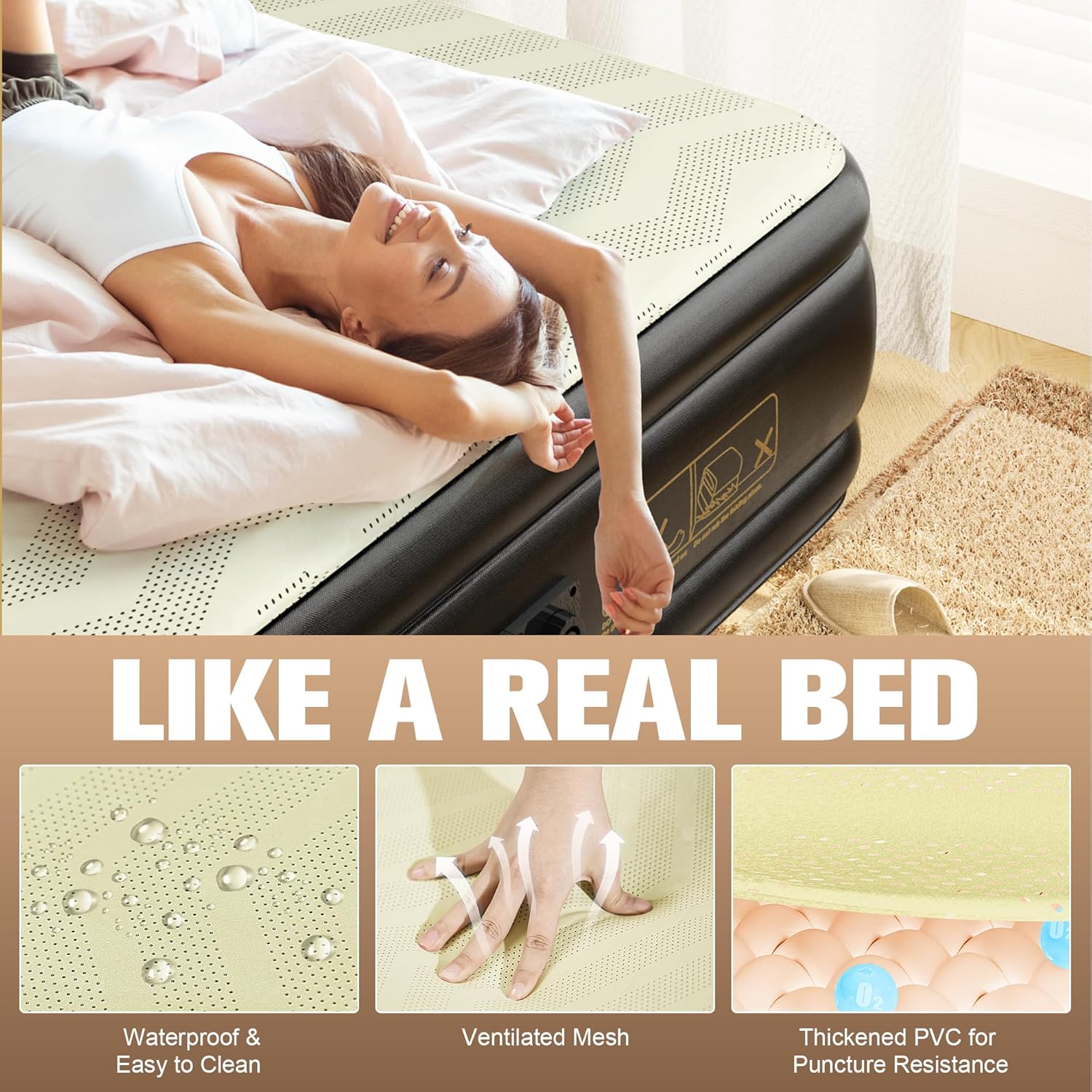 Twin Air Mattress with Built-in Pump,18'' Foam Topper Inflatable Mattress,Luxury Blow Up Mattress 2 Mins Self-Inflation/Deflation - Breathable and Wrinkle-Free for Camping, Home & Guests