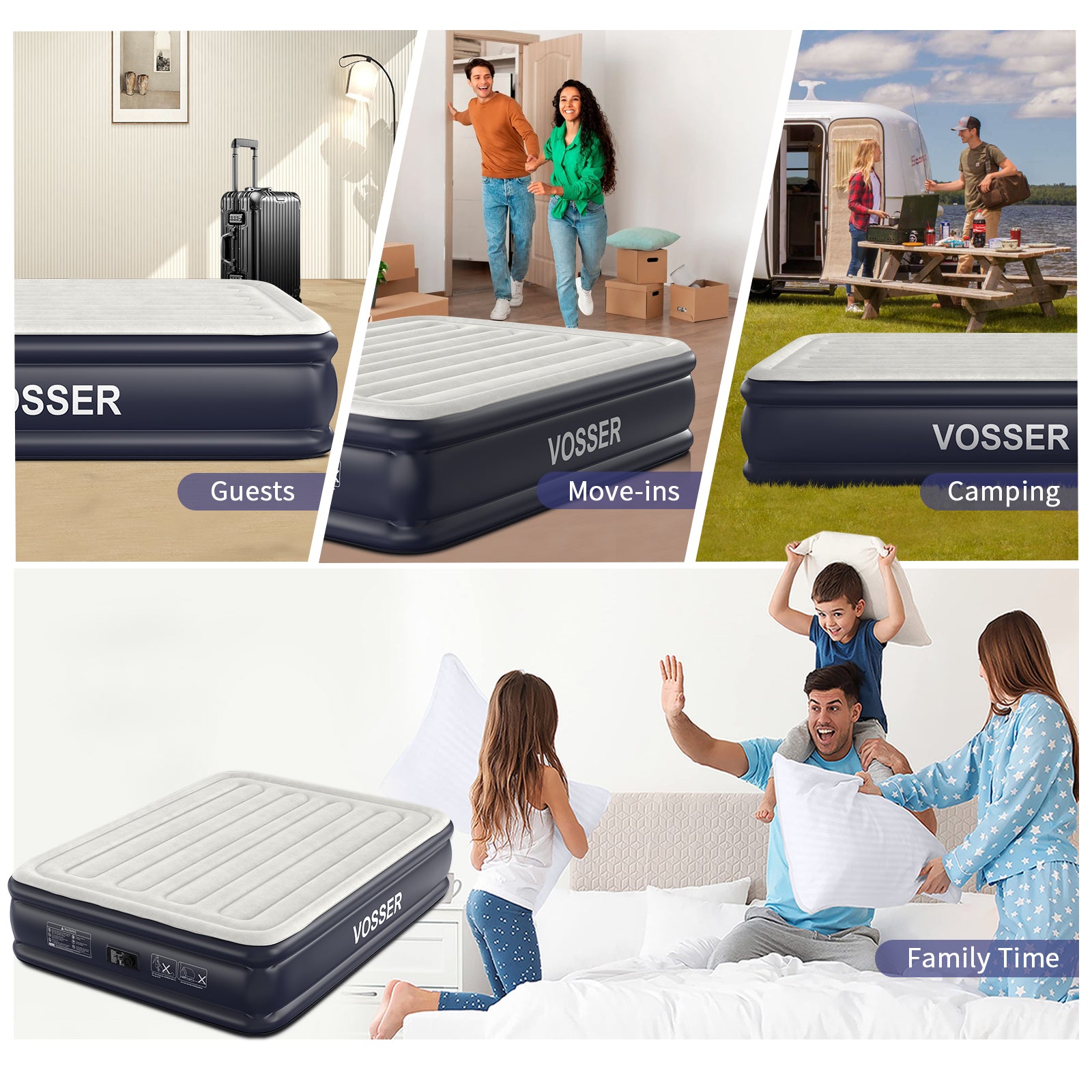 VOSSER Air Mattress with Built in Pump Raised,18''Inflatable Mattress of Upgraded Vertical Beams,Self Inflatable Blow Up Mattress in 3 Mins,Flocked Top Airbed with Carry Bag for Home,Camping