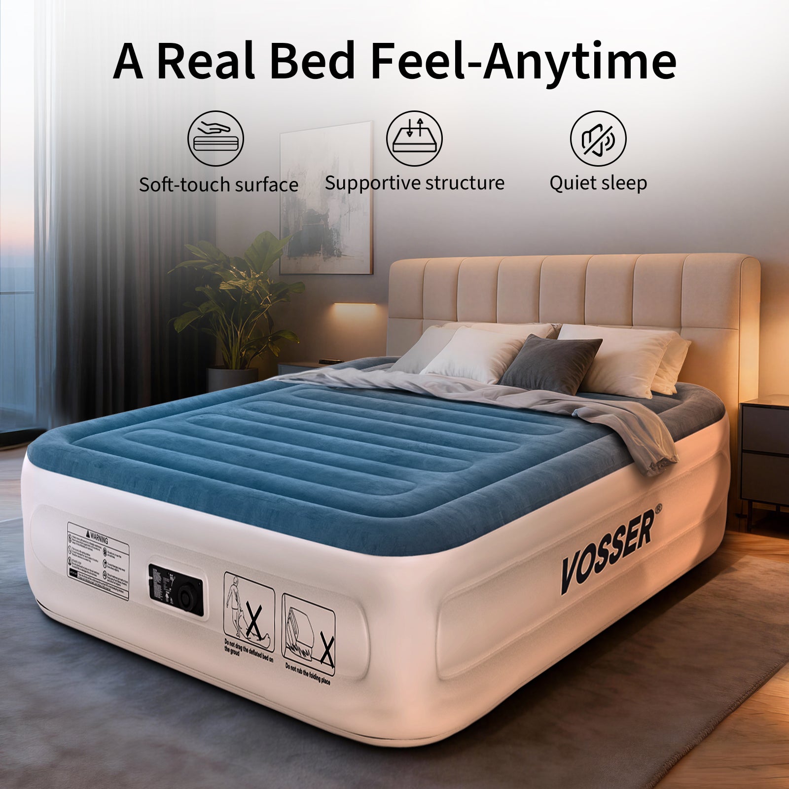VOSSER Queen Air Mattress with Built-in Pump,Fast & Easy Inflation/Deflation Inflatable Mattress,  Foldable Blow Up Mattress with Storage Bag , Inflatable Bed for Home, Camping & Guests