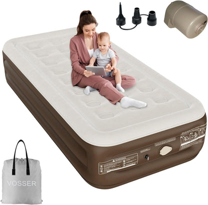 VOSSER Twin Air Mattress with Built-in Pump,Self Inflatable Mattress with Cordless Removable Lithium Battery Pump, Blow Up Mattress with Storage Bag,Foldable Rest Airbed for Home, Camping & Guests