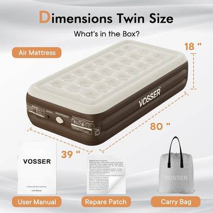 VOSSER Twin Air Mattress with Built-in Pump,Self Inflatable Mattress with Cordless Removable Lithium Battery Pump, Blow Up Mattress with Storage Bag,Foldable Rest Airbed for Home, Camping & Guests