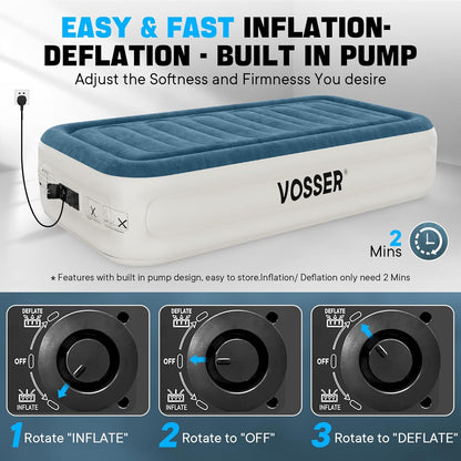 VOSSER Queen Air Mattress with Built-in Pump,Fast & Easy Inflation/Deflation Inflatable Mattress, Foldable Blow Up Mattress with Storage Bag, Inflatable Bed for Home, Camping & Guests