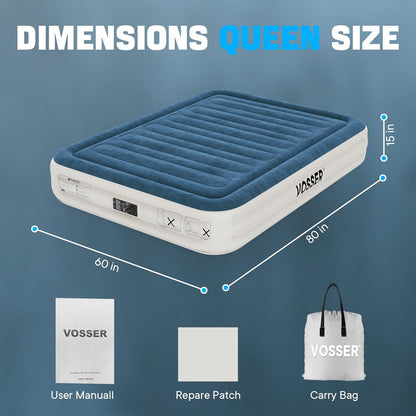 VOSSER Queen Air Mattress with Built-in Pump,Fast & Easy Inflation/Deflation Inflatable Mattress, Foldable Blow Up Mattress with Storage Bag, Inflatable Bed for Home, Camping & Guests