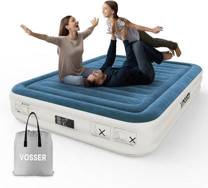 VOSSER Queen Air Mattress with Built-in Pump,Fast & Easy Inflation/Deflation Inflatable Mattress, Foldable Blow Up Mattress with Storage Bag, Inflatable Bed for Home, Camping & Guests