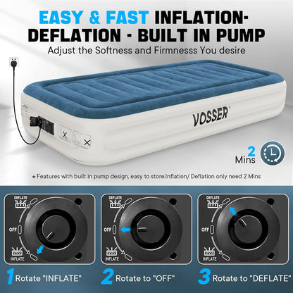 VOSSER Queen Air Mattress with Built-in Pump,Fast & Easy Inflation/Deflation Inflatable Mattress, Foldable Blow Up Mattress with Storage Bag, Inflatable Bed for Home, Camping & Guests